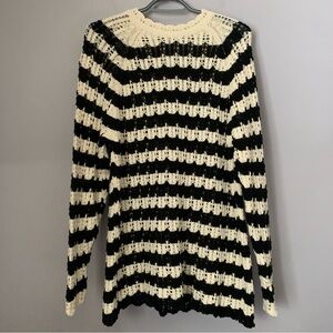 Zara Striped Black and Cream Open Knit Sweater Size Small